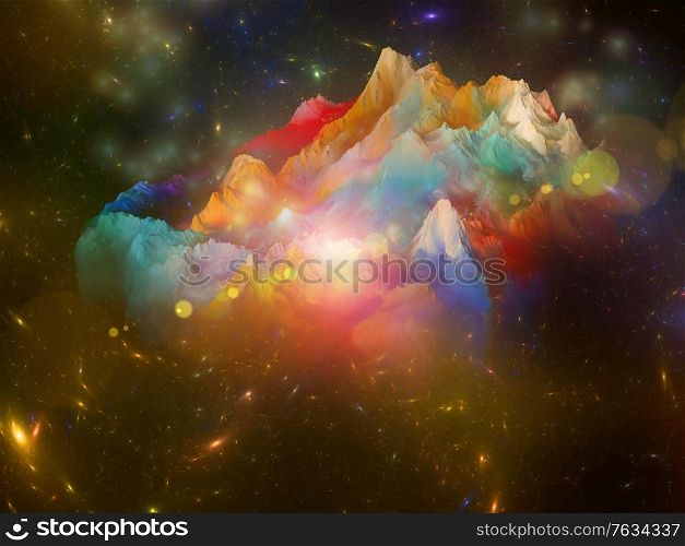Flying Island . Island in the Sky series. Background design of 3D rendering of colorful mountains against fractal space on the subject of imagination, space, science fiction and creativity