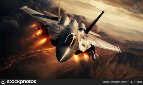 Flying military fighter jet in combat. Generative AI