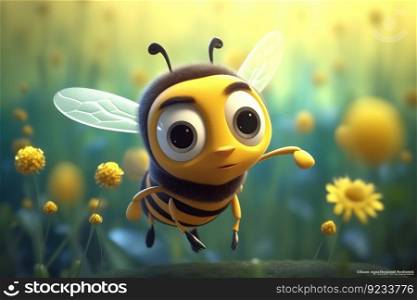 Flying on medow cute adorable baby bee - friendly cartoon animation fantasy style  created by AI