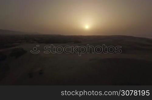 Flying over vast sand landscape with dunes and plants at sunset, Gran Canaria