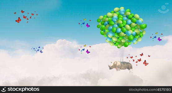 Flying rhino. Rhino flying high in sky on bunch of colorful balloons