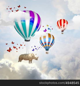 Flying rhino. Rhino flying high in sky on colorful aerostat