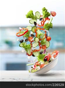 flying salad isolated on wooden background. Greek salad: red tomatoes, pepper, cheese, lettuce, cucumber and olives