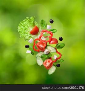 flying salad on natural green background - red tomatoes, pepper, cheese, basil, cucumber and olives