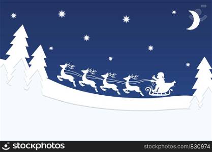 Flying Santa with Reindeer over Christmas Night Forest Blue Star Sky Banner, Stock Vector Illustration
