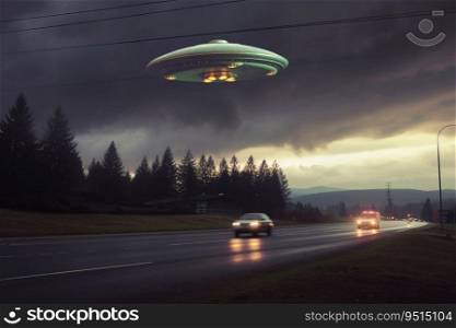 Flying single UFO and dark clouds over the road with cars, generative ai
