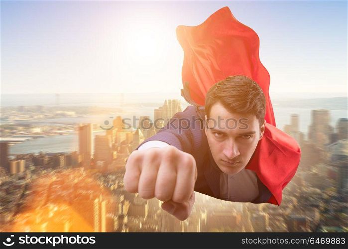 Flying super hero over the city