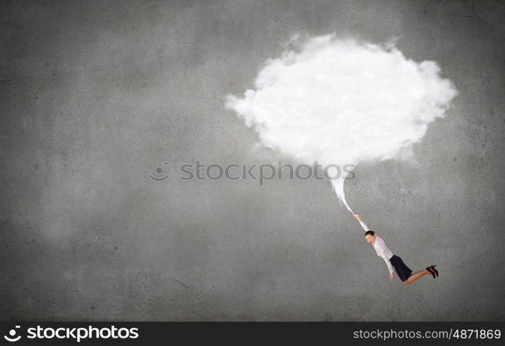 Flying woman. Young determined businesswoman flying high in sky on cloud