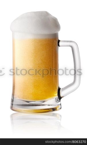 Foam fresh beer in mug isolated on white background. Foam fresh beer in mug