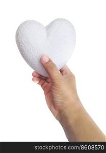 foam hearts in hand on white background