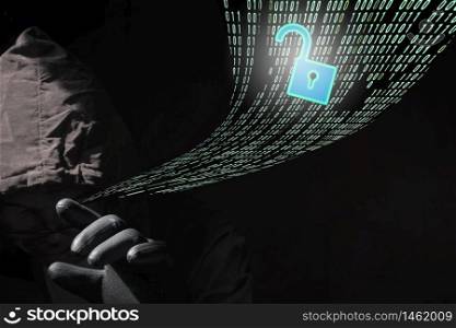 Focus at hacker?s hand in black glove is touching with unlock security icon on green binary code in curve line pattern on dark background, internet cyber crime concept