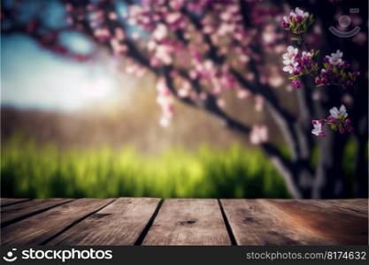 Focus empty wood tab≤in blossom cherry flower with blurred natural tree background. Concept of blank space for advertising∏uct. Fi≠st≥≠rative AI.. Focus empty wood tab≤in blossom cherry flower with blurred tree background.