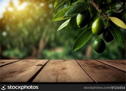 Focus empty wood table in avocado tree with blurred natural tree background. Concept of blank space for advertising product. Finest generative AI.. Focus empty wood table in avocado tree with blurred natural tree background.