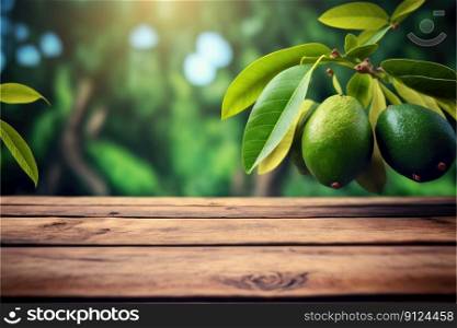 Focus empty wood table in avocado tree with blurred natural tree background. Concept of blank space for advertising product. Finest generative AI.. Focus empty wood table in avocado tree with blurred natural tree background.
