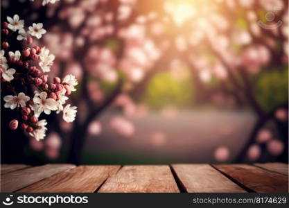 Focus empty wood table in blossom cherry flower with blurred natural tree background. Concept of blank space for advertising product. Finest generative AI.. Focus empty wood table in blossom cherry flower with blurred tree background.