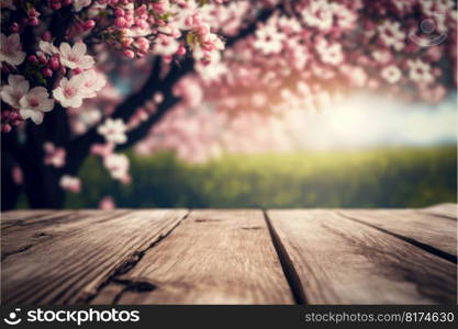 Focus empty wood table in blossom cherry flower with blurred natural tree background. Concept of blank space for advertising product. Finest generative AI.. Focus empty wood table in blossom cherry flower with blurred tree background.