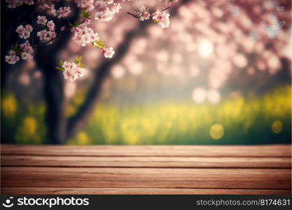 Focus empty wood table in blossom cherry flower with blurred natural tree background. Concept of blank space for advertising product. Finest generative AI.. Focus empty wood table in blossom cherry flower with blurred tree background.