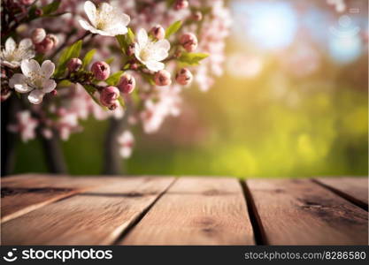 Focus empty wood table in blossom cherry flower with blurred natural tree background. Concept of blank space for advertising product. Finest generative AI.. Focus empty wood table in blossom cherry flower with blurred tree background.