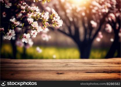 Focus empty wood table in blossom cherry flower with blurred natural tree background. Concept of blank space for advertising product. Finest generative AI.. Focus empty wood table in blossom cherry flower with blurred tree background.