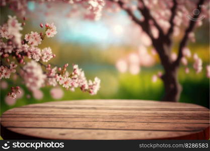 Focus empty wood table in blossom cherry flower with blurred natural tree background. Concept of blank space for advertising product. Finest generative AI.. Focus empty wood table in blossom cherry flower with blurred tree background.