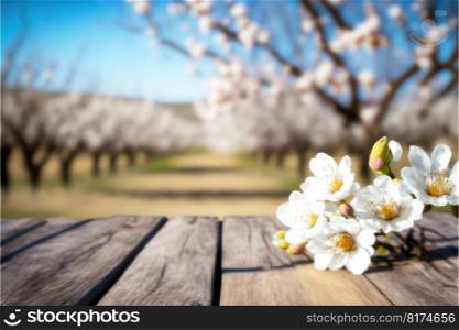 Focus empty wood table in blossom flower with blurred natural tree background. Concept of blank space for advertising product. Finest generative AI.. Focus empty wood table in blossom flower with blurred natural tree background.