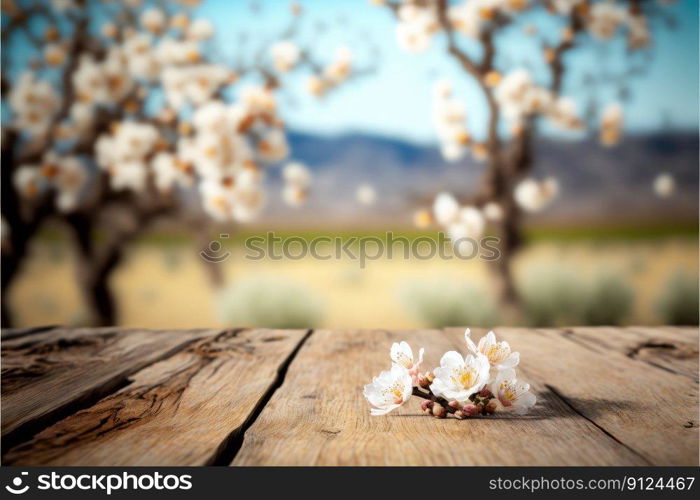 Focus empty wood table in blossom flower with blurred natural tree background. Concept of blank space for advertising product. Finest generative AI.. Focus empty wood table in blossom flower with blurred natural tree background.