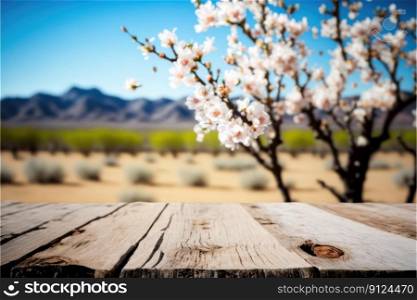 Focus empty wood table in blossom flower with blurred natural tree background. Concept of blank space for advertising product. Finest generative AI.. Focus empty wood table in blossom flower with blurred natural tree background.