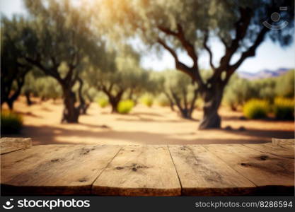 Focus empty wood table with blurred natural olive tree background. Concept of blank space for advertising product. Finest generative AI.. Focus empty wood table with blurred natural olive tree background.