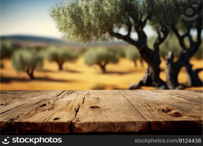 Focus empty wood table with blurred natural olive tree background. Concept of blank space for advertising product. Finest generative AI.. Focus empty wood table with blurred natural olive tree background.