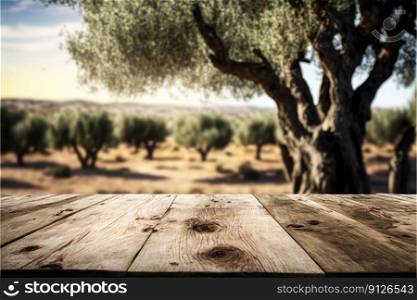 Focus empty wood table with blurred natural olive tree background. Concept of blank space for advertising product. Finest generative AI.. Focus empty wood table with blurred natural olive tree background.