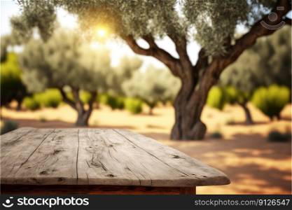 Focus empty wood table with blurred natural olive tree background. Concept of blank space for advertising product. Finest generative AI.. Focus empty wood table with blurred natural olive tree background.