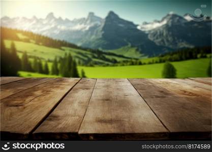 Focus empty wood table with blurred natural tree meadow background. Concept of blank space for advertising product. Finest generative AI.. Focus empty wood table with blurred natural tree meadow background.