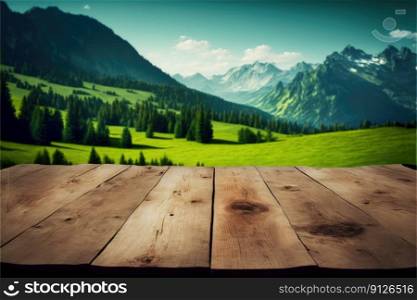 Focus empty wood table with blurred natural tree meadow background. Concept of blank space for advertising product. Finest generative AI.. Focus empty wood table with blurred natural tree meadow background.