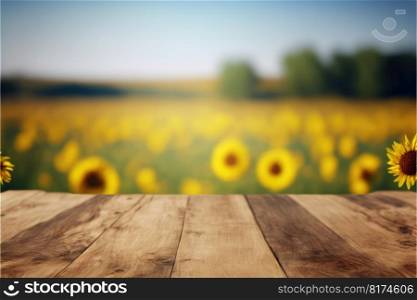 Focus empty wood table with blurred sunflower tree background. Concept of blank space for advertising product. Finest generative AI.. Focus empty wood table with blurred sunflower tree background.