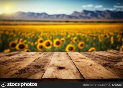 Focus empty wood table with blurred sunflower tree background. Concept of blank space for advertising product. Finest generative AI.. Focus empty wood table with blurred sunflower tree background.