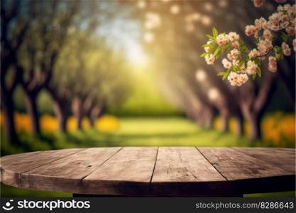 Focus in wood table with blurred peach garden tree background. Concept of blank space for advertising product. Finest generative AI.. Focus in wood table with blurred peach garden tree background.