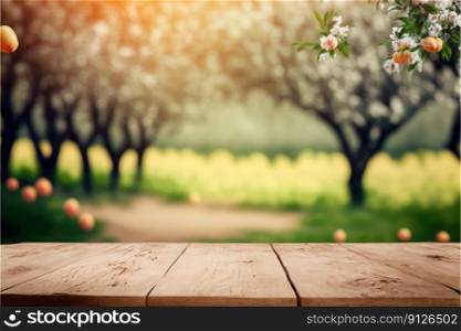 Focus in wood table with blurred peach garden tree background. Concept of blank space for advertising product. Finest generative AI.. Focus in wood table with blurred peach garden tree background.