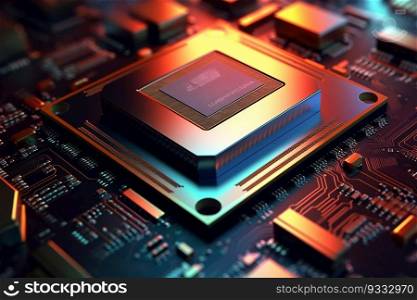 Focus on a Central Processing Unit Chip with Cinematic Lighting Motherboard Component Background