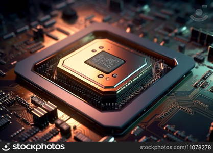 Focus on a Computer Processor Central Processing Unit Microchip with Motherboard Component Background