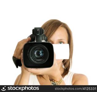 Focus on lens ( selective), woman with camcorder isolated on white background