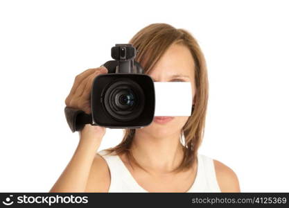 Focus on lens ( selective), woman with camcorder isolated on white background