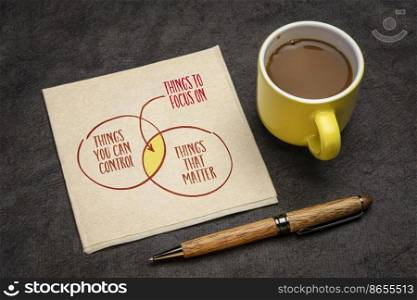focus on what you can control and what matters, inspirational concept presented as a sketch on a napkin with coffee