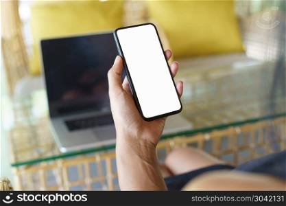 focus on women hand holding phone white screen