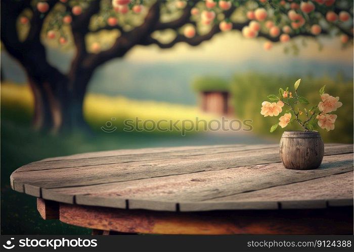 Focus peach fruit on the wood table with blurred peach tree background. Concept of blank space for advertising product. Finest generative AI.. Focus peach fruit on the wood table with blurred peach tree background.