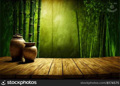 Focus wooden table with spa product isolated on blurred bamboo tree background. Concept of blank space for advertising product. Finest generative AI.. Focus wooden table with spa product isolated on blurred bamboo tree background.