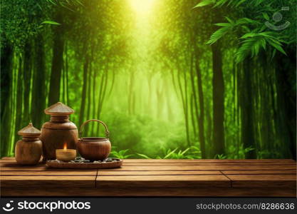 Focus wooden table with spa product isolated on blurred bamboo tree background. Concept of blank space for advertising product. Finest generative AI.. Focus wooden table with spa product isolated on blurred bamboo tree background.