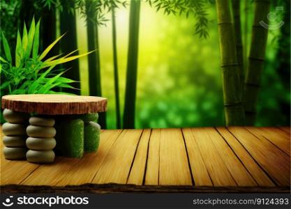 Focus wooden table with spa product isolated on blurred bamboo tree background. Concept of blank space for advertising product. Finest generative AI.. Focus wooden table with spa product isolated on blurred bamboo tree background.