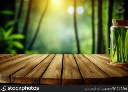 Focus wooden table with spa product isolated on blurred bamboo tree background. Concept of blank space for advertising product. Finest generative AI.. Focus wooden table with spa product isolated on blurred bamboo tree background.