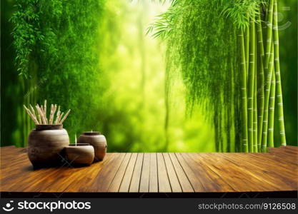 Focus wooden table with spa product isolated on blurred bamboo tree background. Concept of blank space for advertising product. Finest generative AI.. Focus wooden table with spa product isolated on blurred bamboo tree background.