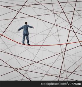 Focused On Strategy with a businessman as a high wire tight rope walker confronting adversity with a web of confused tangled group of wires trying to distract from the planned business goal for success.